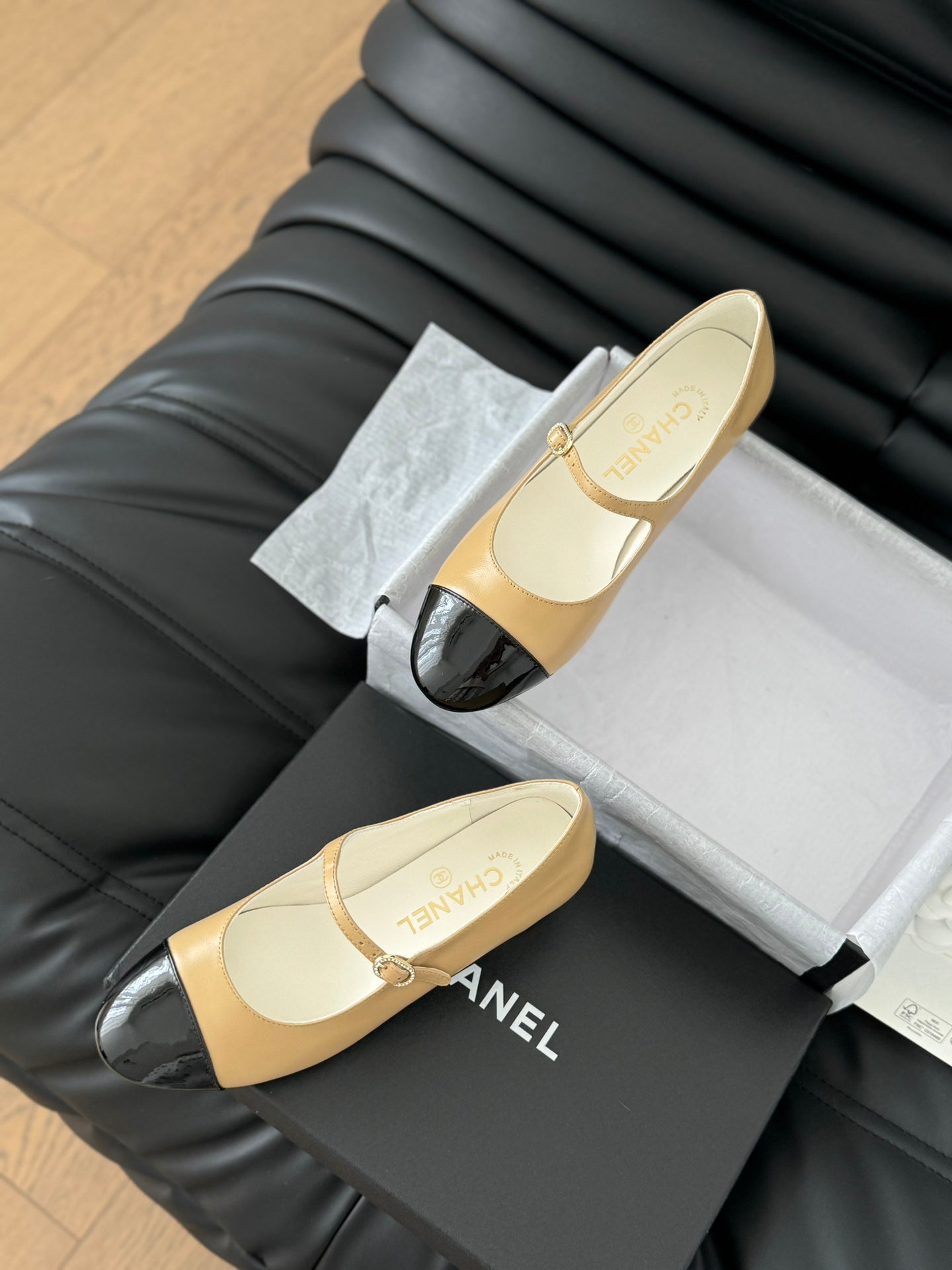 CC MARY JANE SHOES IN SEPIA BEIGE MIX BLACK LAMBSKIN WITH GOLD HARDWARE - 35
