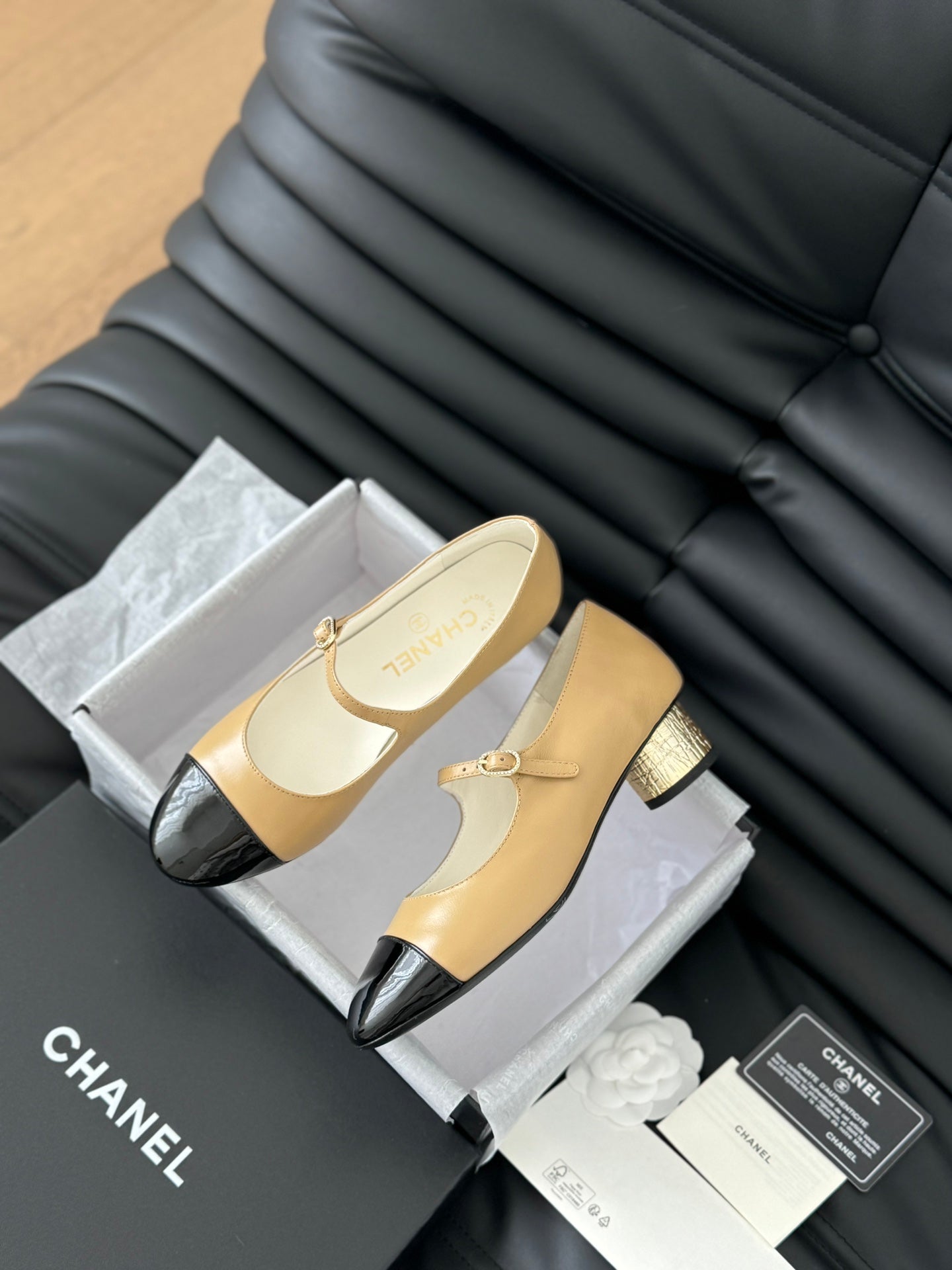 CC MARY JANE SHOES IN SEPIA BEIGE MIX BLACK LAMBSKIN WITH GOLD HARDWARE - 35