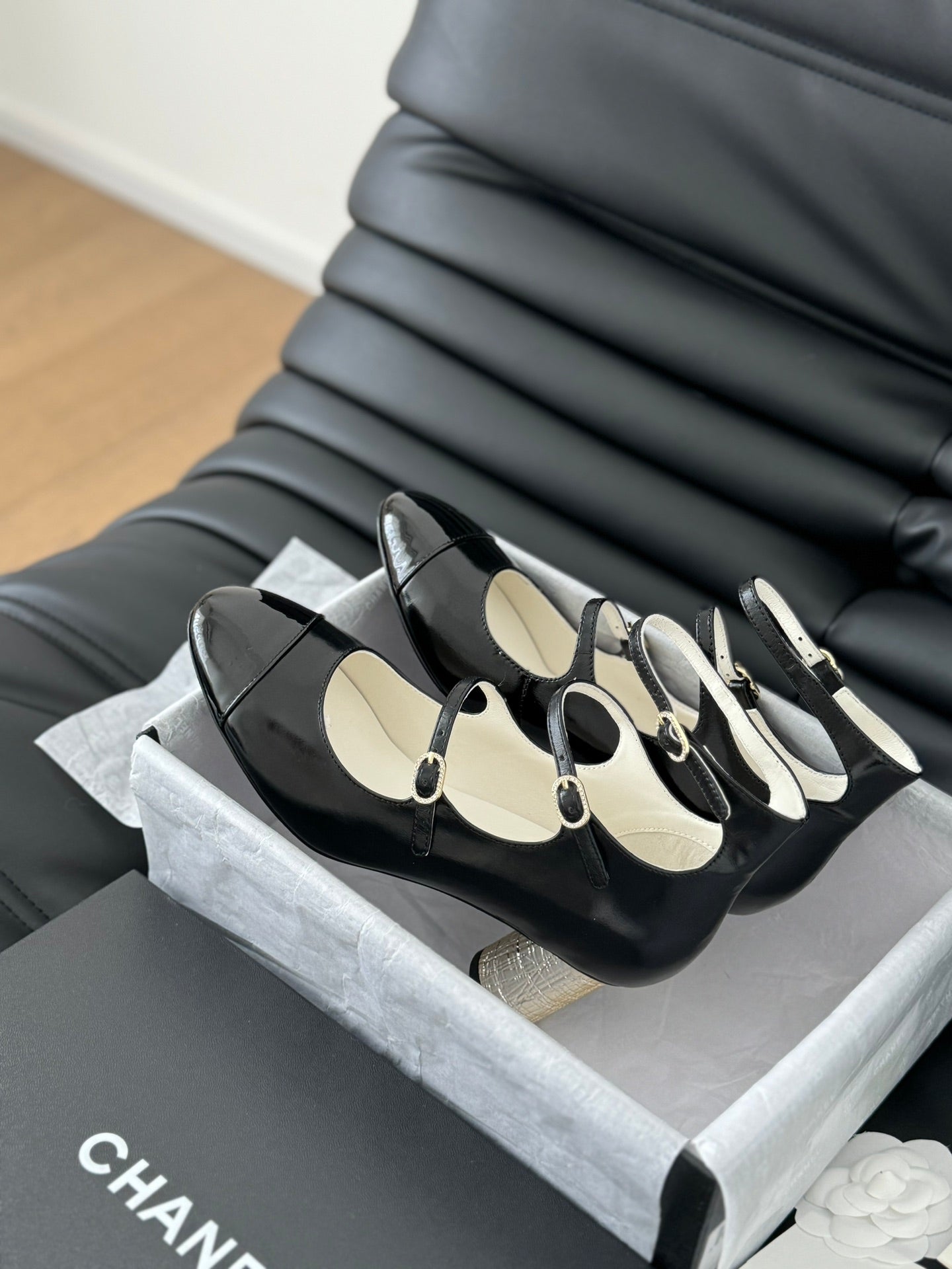 CC MARY JANE SHOES THREE STRAPS BLACK LAMBSKIN WITH GOLD HARDWARE - 35