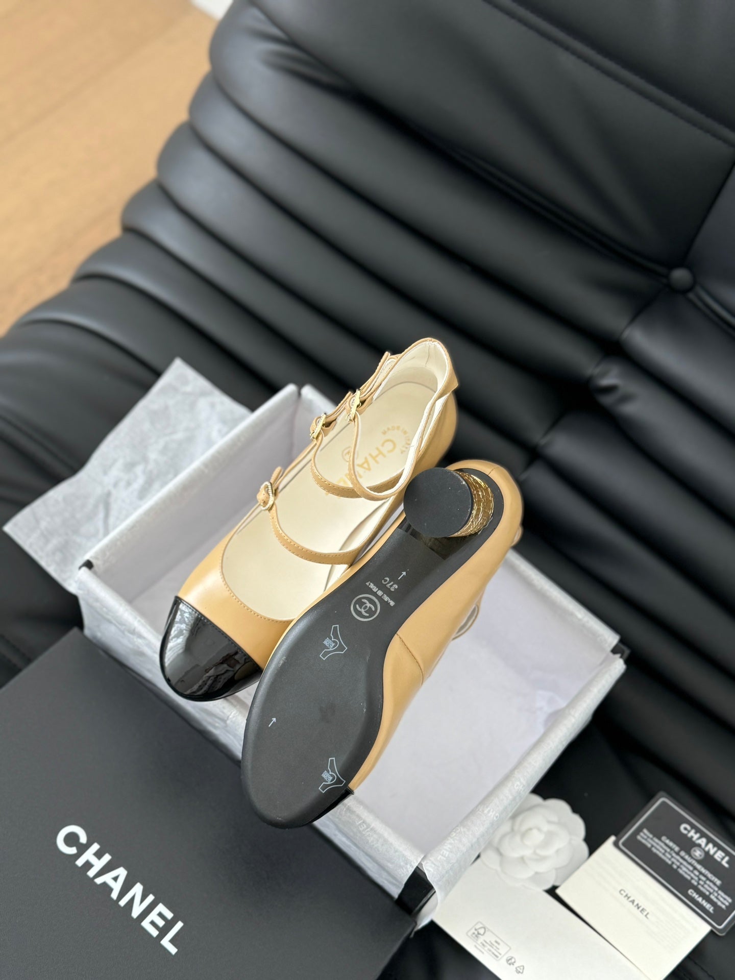 CC MARY JANE SHOES THREE STRAPS IN SEPIA BEIGE MIX BLACK LAMBSKIN - 35