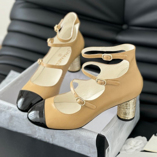 CC MARY JANE SHOES THREE STRAPS IN SEPIA BEIGE MIX BLACK LAMBSKIN - 35