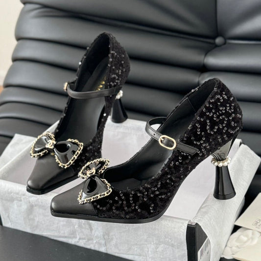 CC POINTED TOE HIGH HEELS IN BLACK VELVET AND LAMBSKIN GOLD HARDWARE - 35