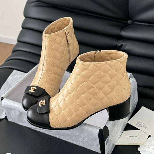 CC SHORT BOOTS 65 MM IN SEPIA BEIGE MIX BLACK QUILTED PATTERN LAMBSKIN - 35