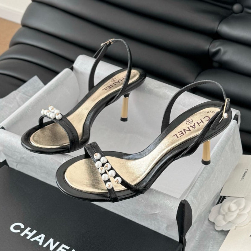 PEARL SANDAL IN BLACK AND GOLD LAMBSKIN 75 MM - 35