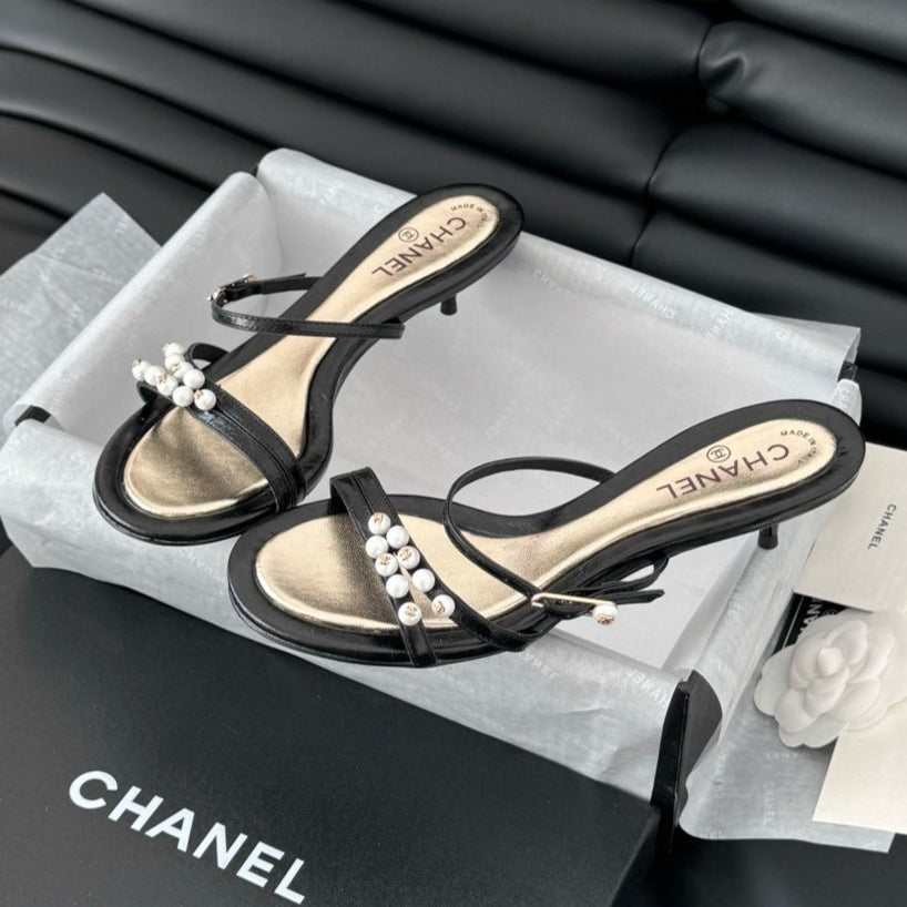 PEARL SANDAL IN BLACK AND GOLD LAMBSKIN 35 MM - 35