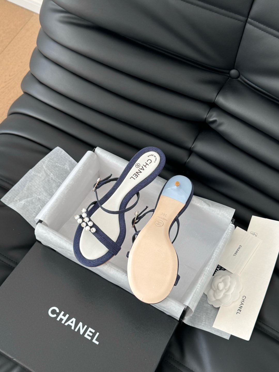PEARL SANDAL IN BLUE DENIM AND WHITE LAMBSKIN 35 MM - 35