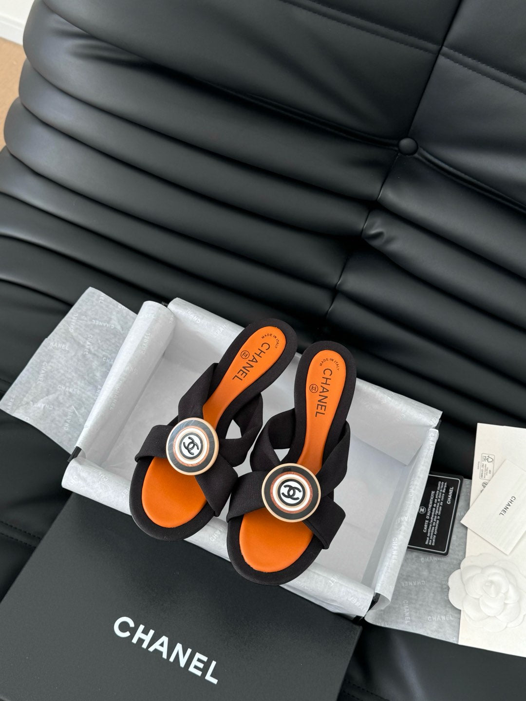 BLACK FABRIC CC SLIDE SANDALS - 35