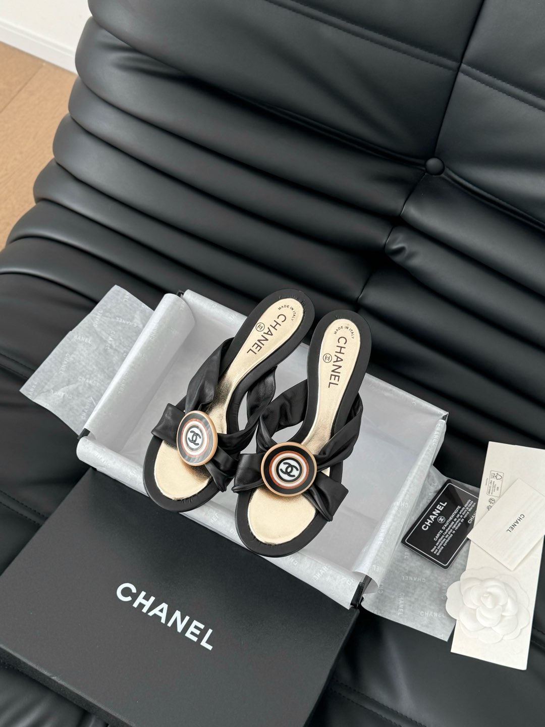 BLACK LAMBSKIN CC SLIDE SANDALS - 35