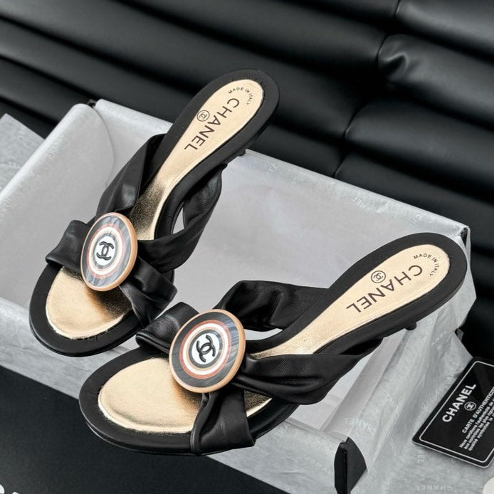 BLACK LAMBSKIN CC SLIDE SANDALS - 35