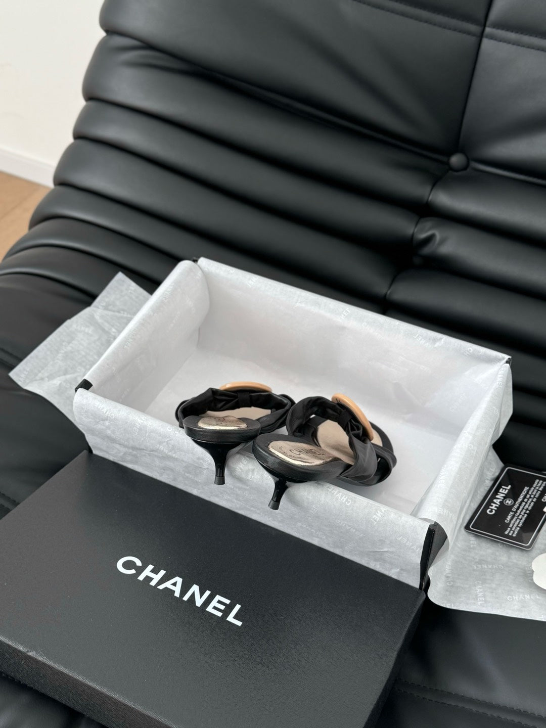 BLACK LAMBSKIN CC SLIDE SANDALS - 35