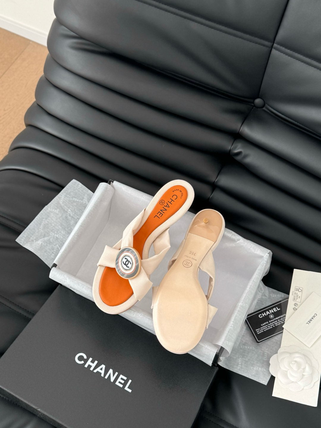 VIVID ORANGE FABRIC CC SLIDE SANDALS - 35