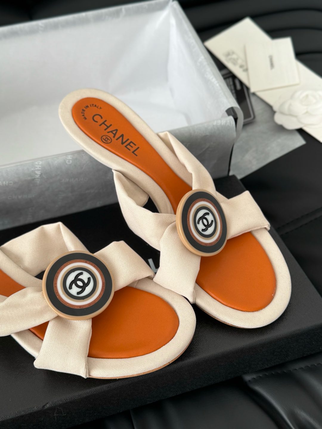 VIVID ORANGE FABRIC CC SLIDE SANDALS - 35