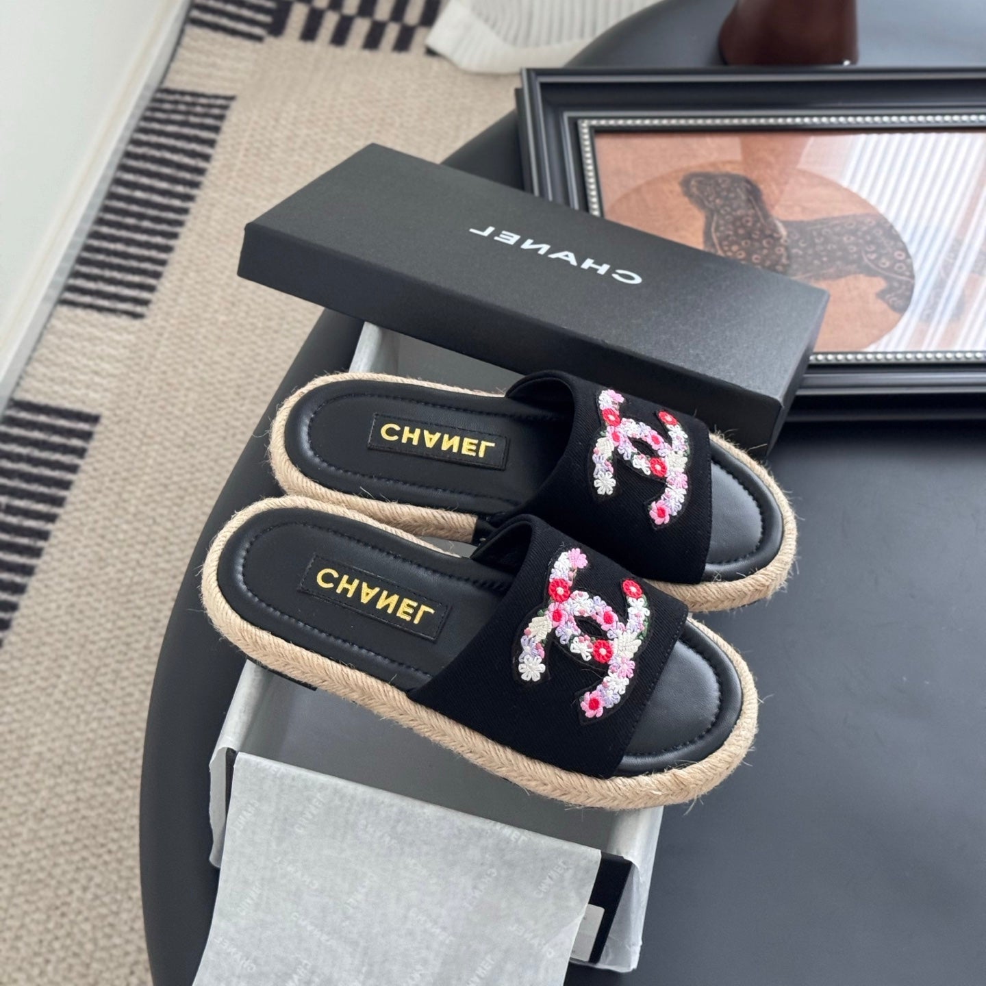 SLIPPERS IN BLACK SHEEPSKIN MIX FABRIC AND STRAPS BASE - 35