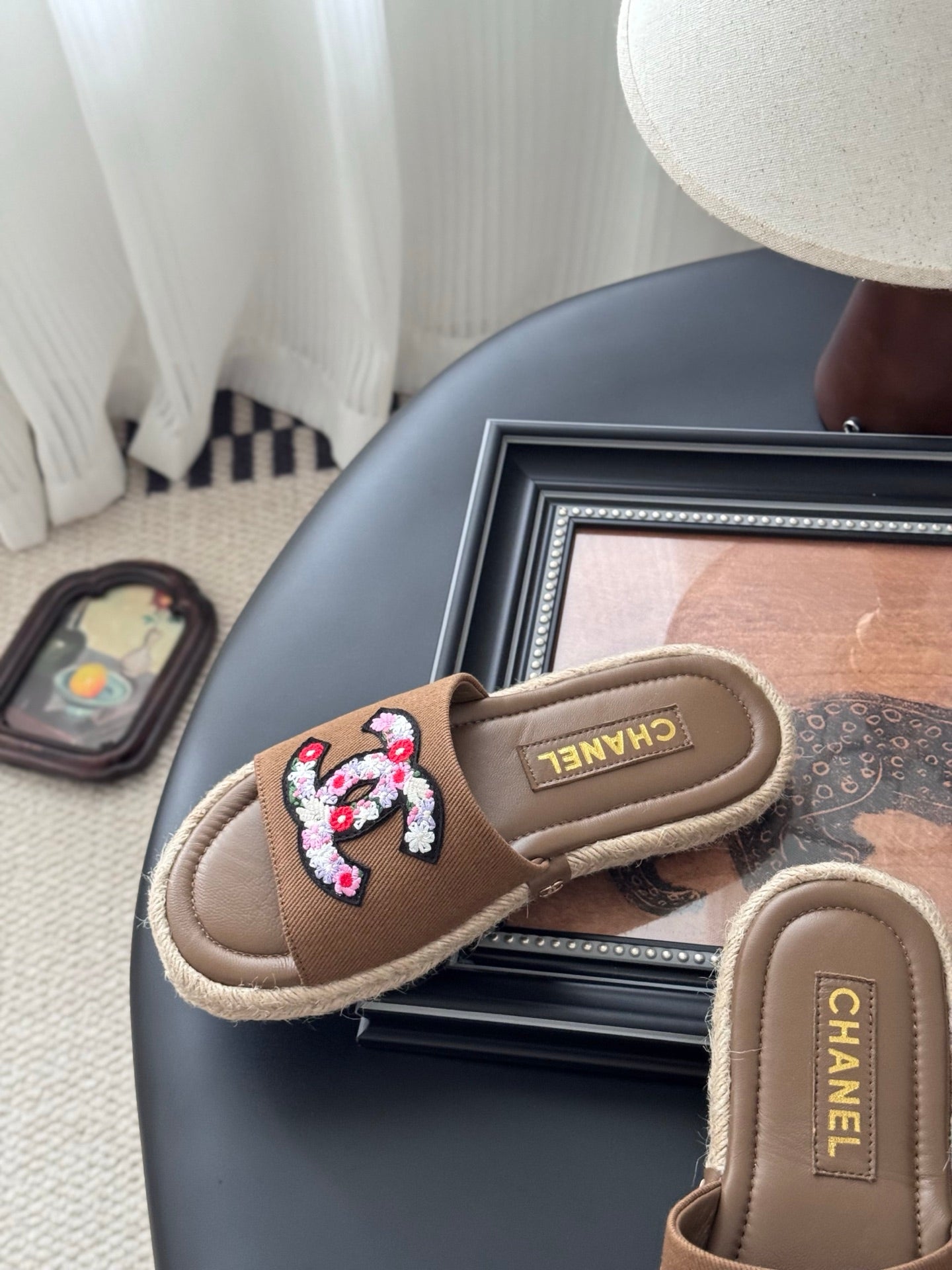 SLIPPERS IN BROWN LAMBSKIN MIX FABRIC AND STRAPS BASE - 35