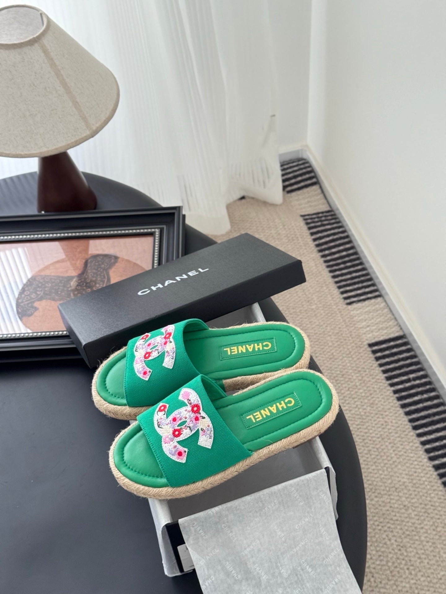 SLIPPERS IN GREEN SHEEPSKIN MIX FABRIC AND STRAPS BASE - 35