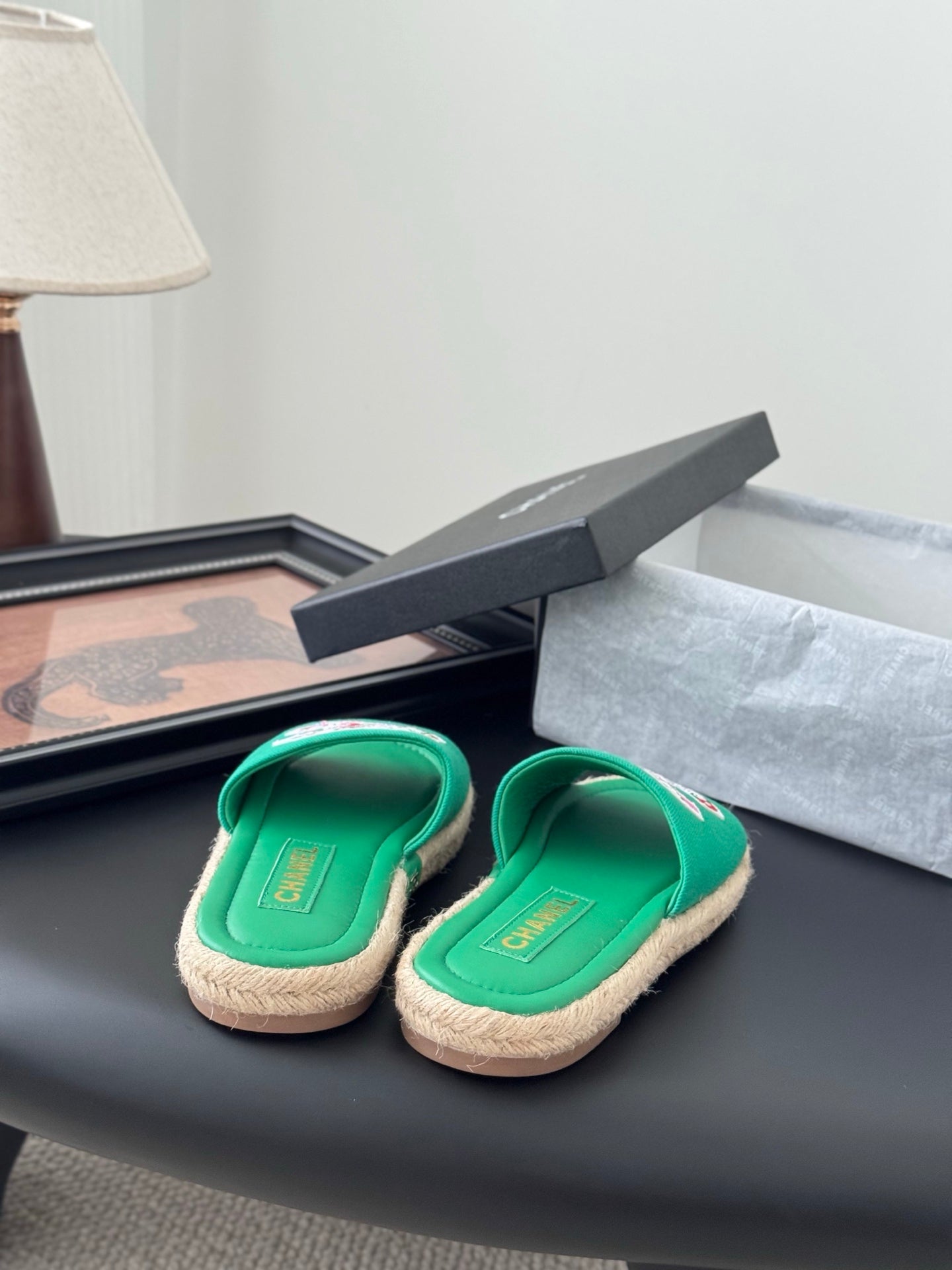 SLIPPERS IN GREEN SHEEPSKIN MIX FABRIC AND STRAPS BASE - 35