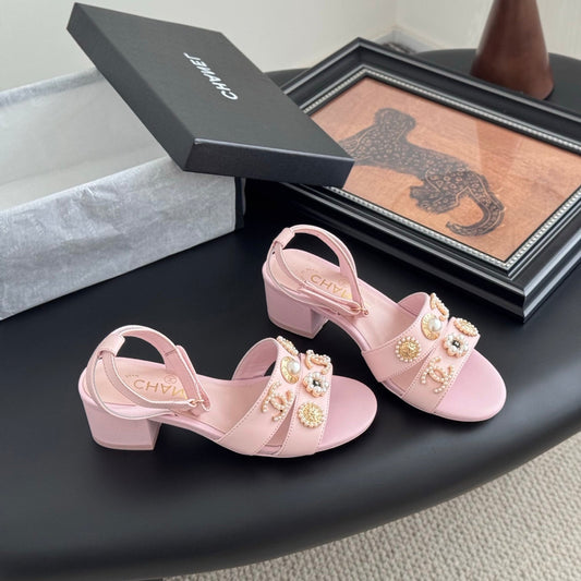 HIGH SANDALS IN PINK TWEED WITH LOGO STICKER DETAIL - 35