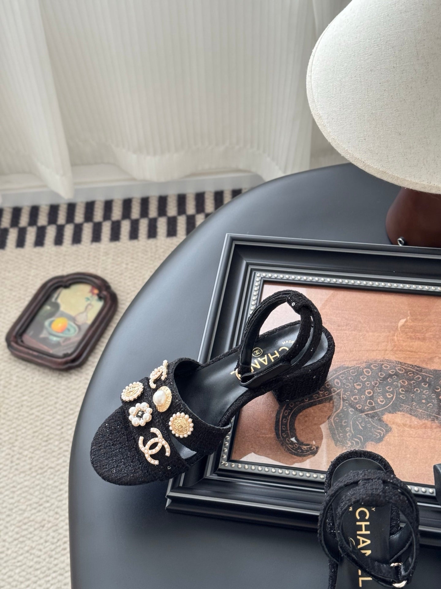 HIGH SANDALS IN BLACK TWEED WITH LOGO STICKER DETAIL - 35