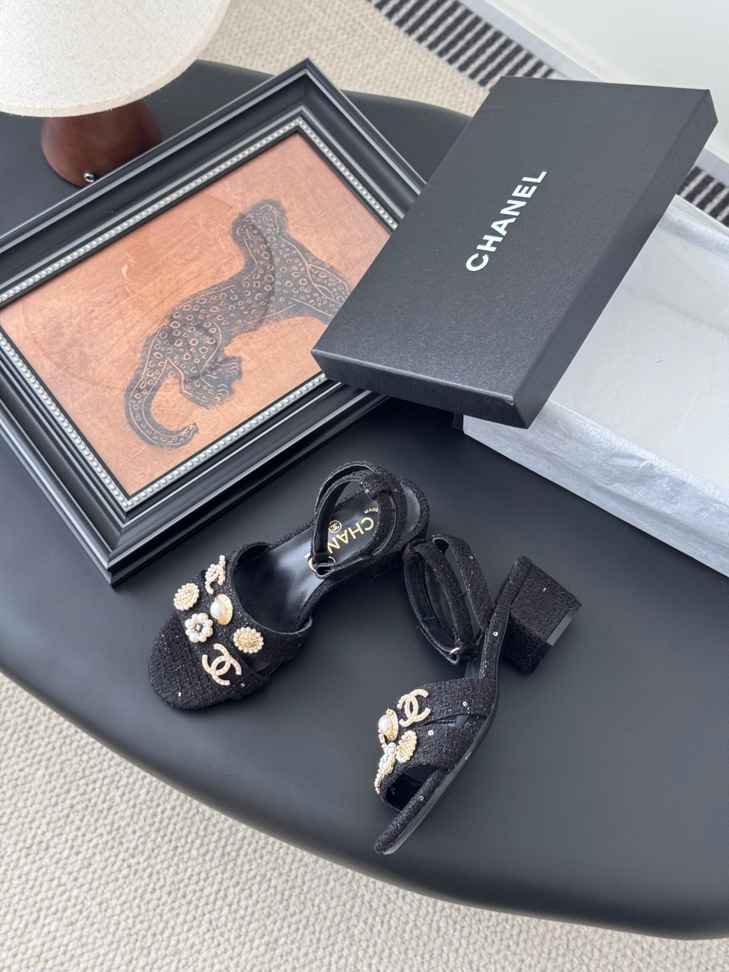 HIGH SANDALS IN BLACK TWEED WITH LOGO STICKER DETAIL - 35