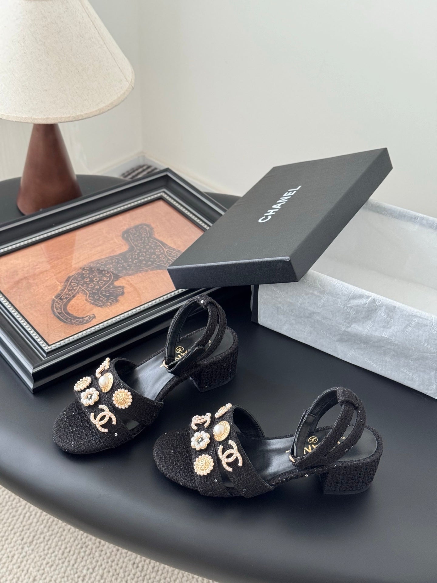 HIGH SANDALS IN BLACK TWEED WITH LOGO STICKER DETAIL - 35