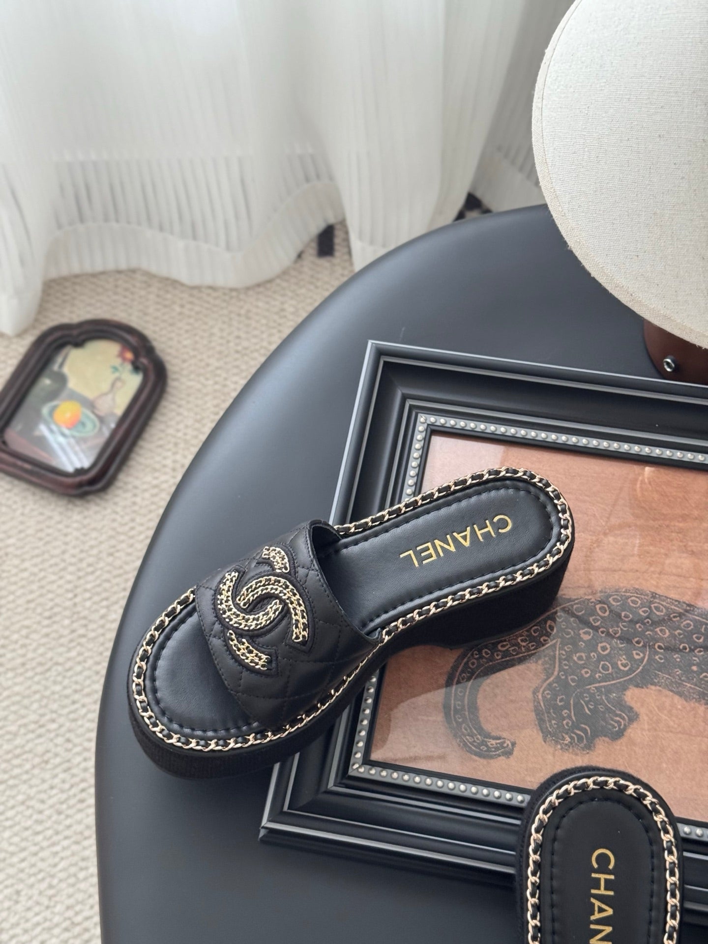 WEDGE HEELS IN BLACK CALFSKIN MIX CHAIN BASE - 35
