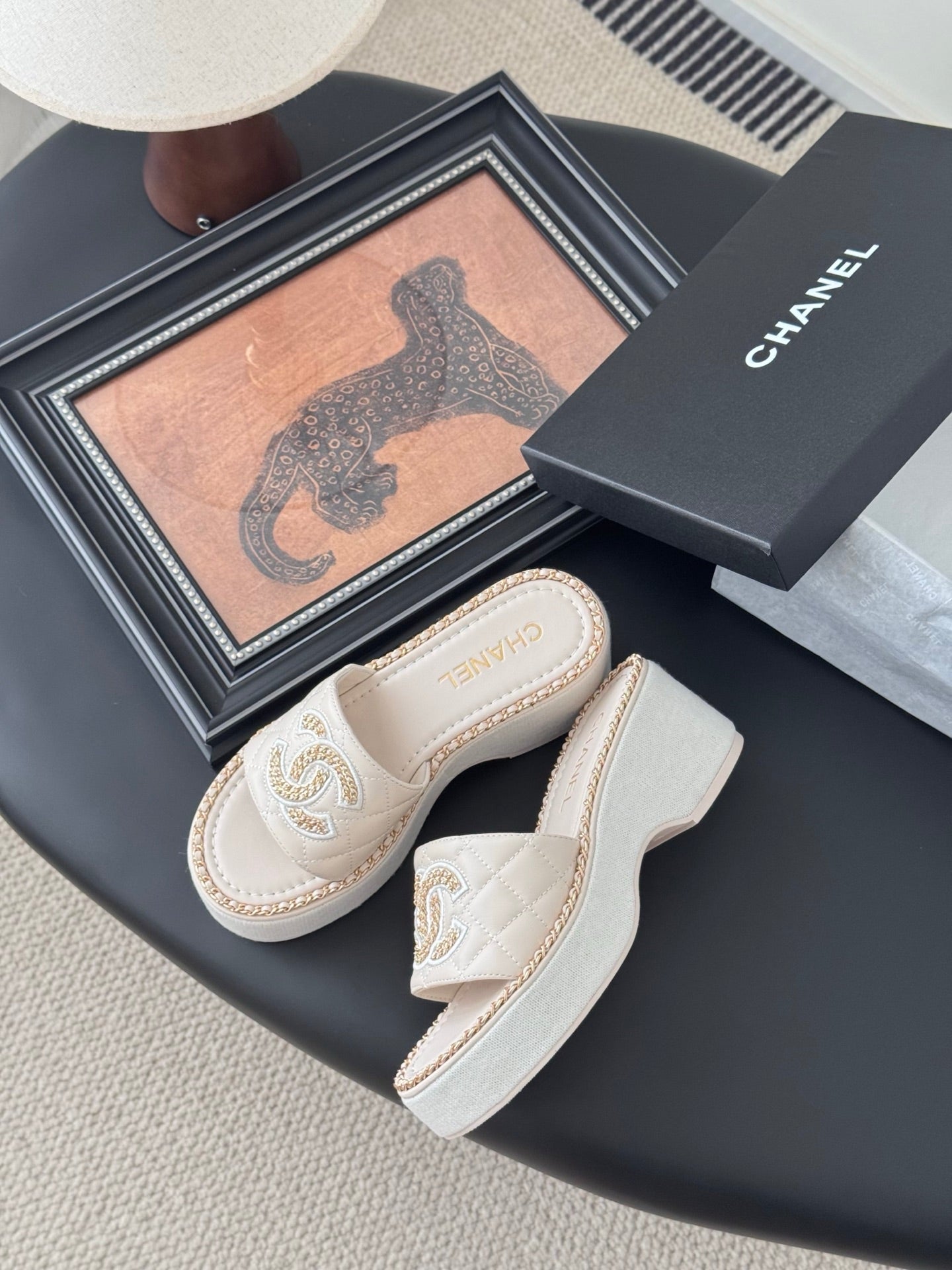WEDGE HEELS IN HIGHT BEIGE CALFSKIN MIX CHAIN BASE - 35