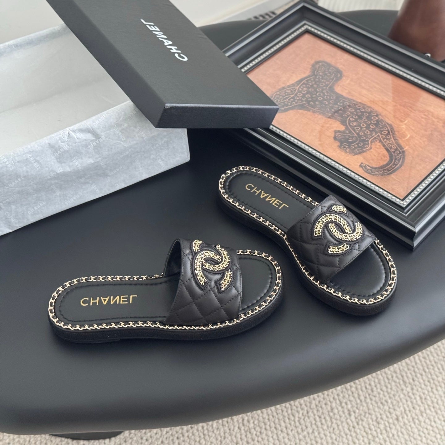 SLIPPER IN BLACK CALFSKIN MIX CHAIN BASE - 35