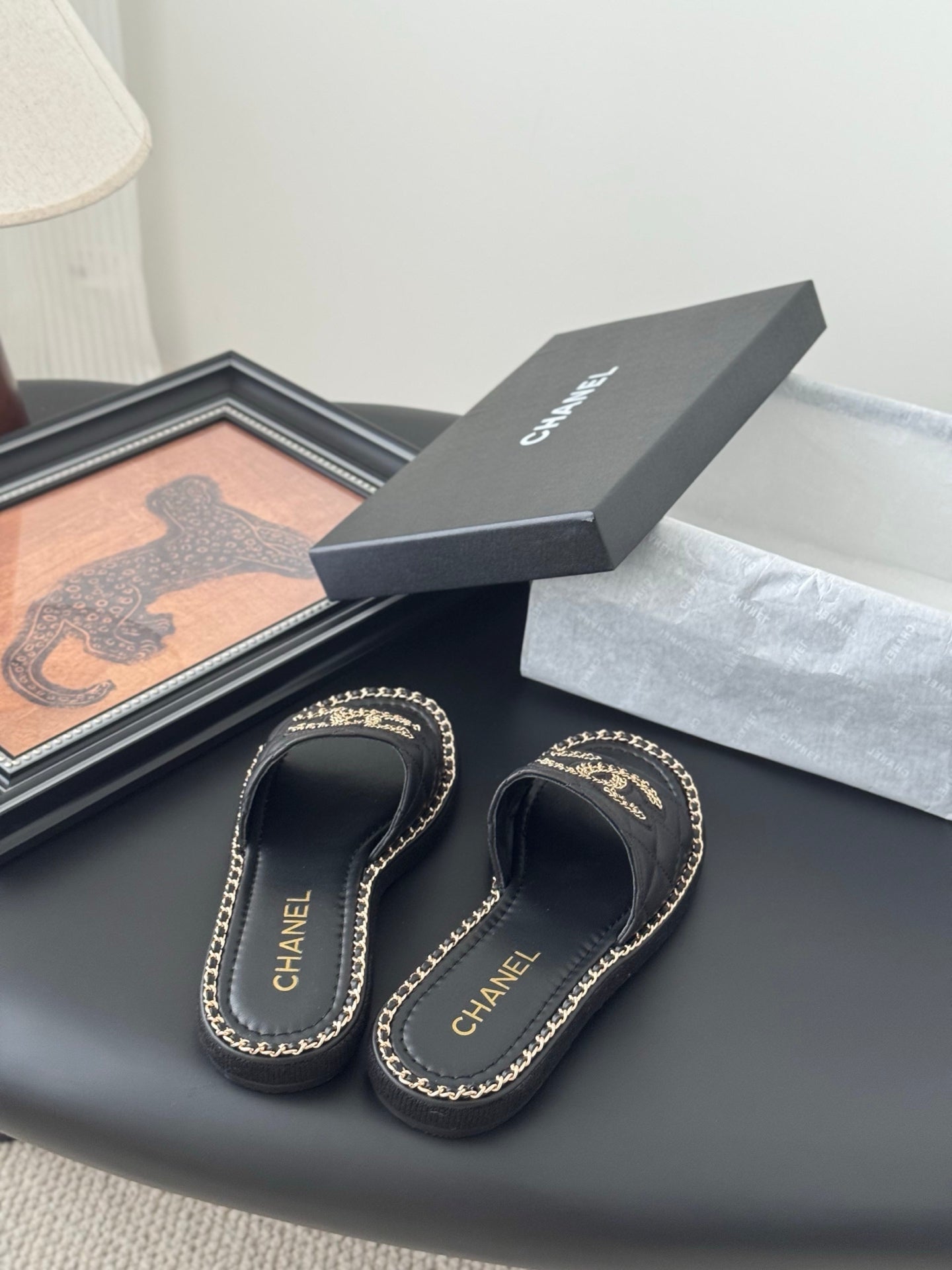 SLIPPER IN BLACK CALFSKIN MIX CHAIN BASE - 35