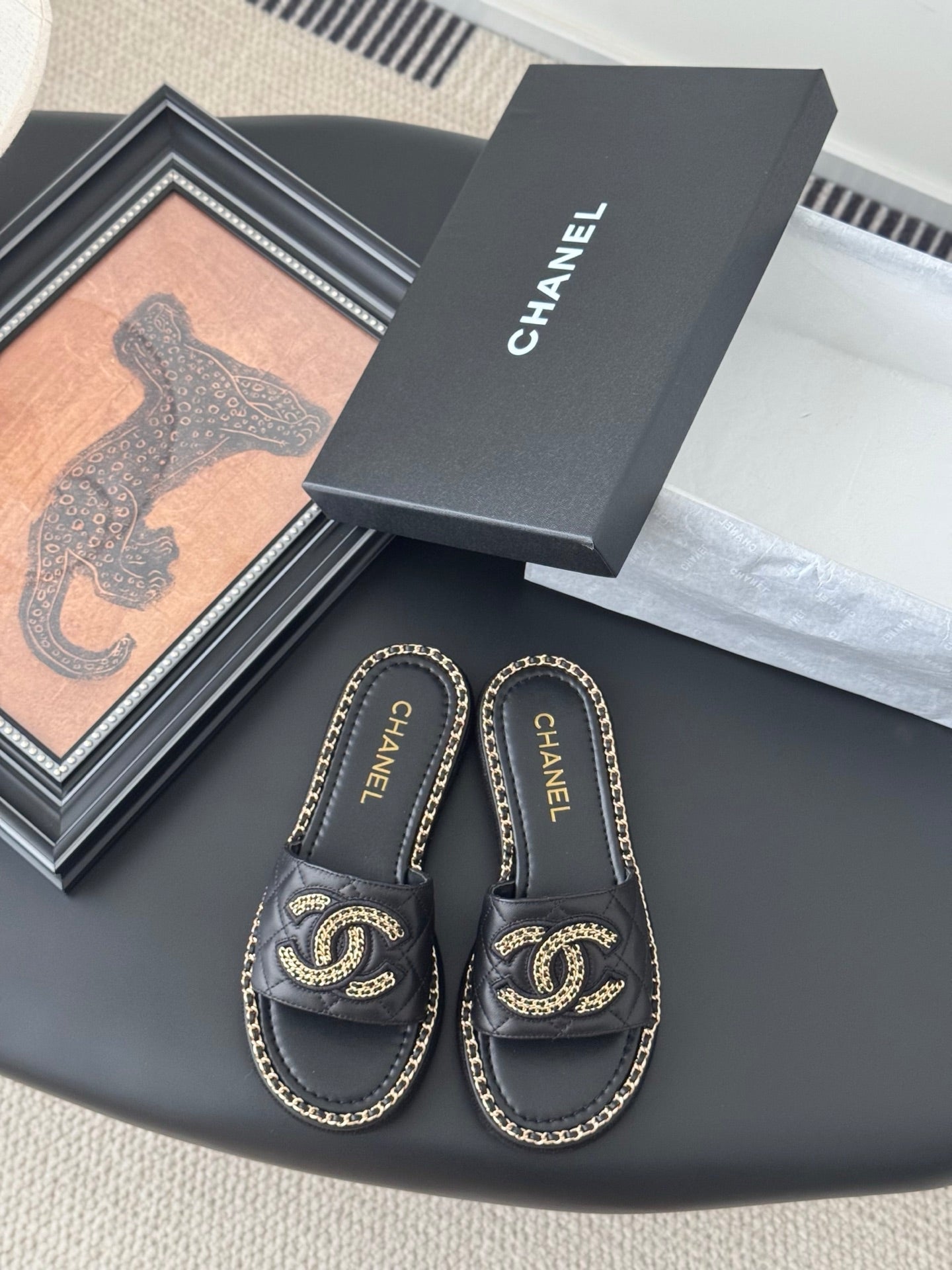 SLIPPER IN BLACK CALFSKIN MIX CHAIN BASE - 35
