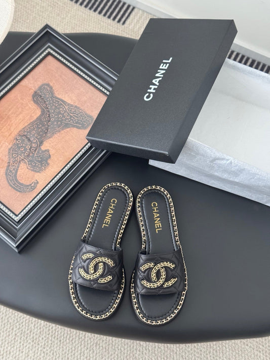 SLIPPER IN BLACK CALFSKIN MIX CHAIN BASE - 35