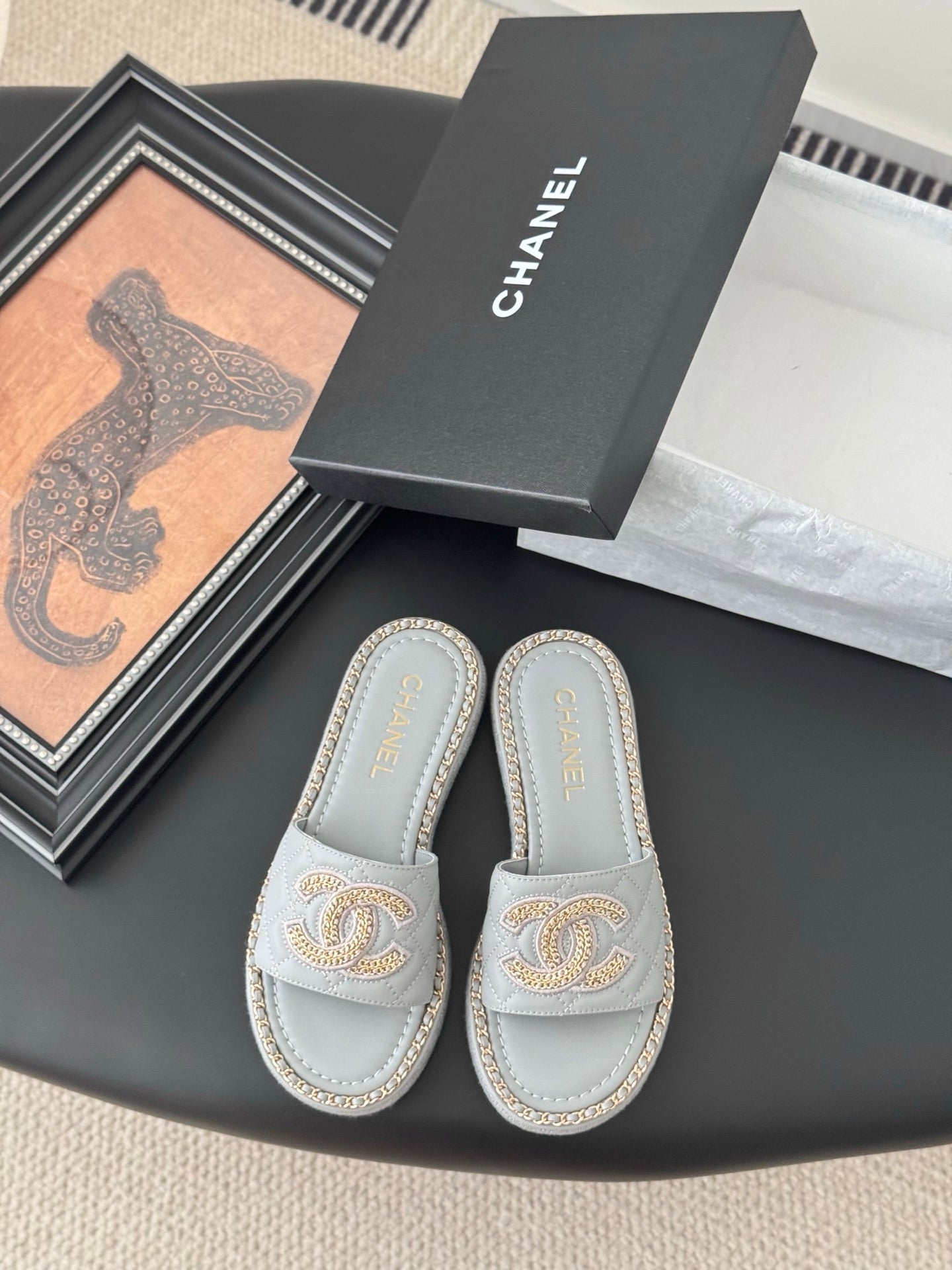 SLIPPER IN BEAU BLUE CALFSKIN MIX CHAIN BASE - 35