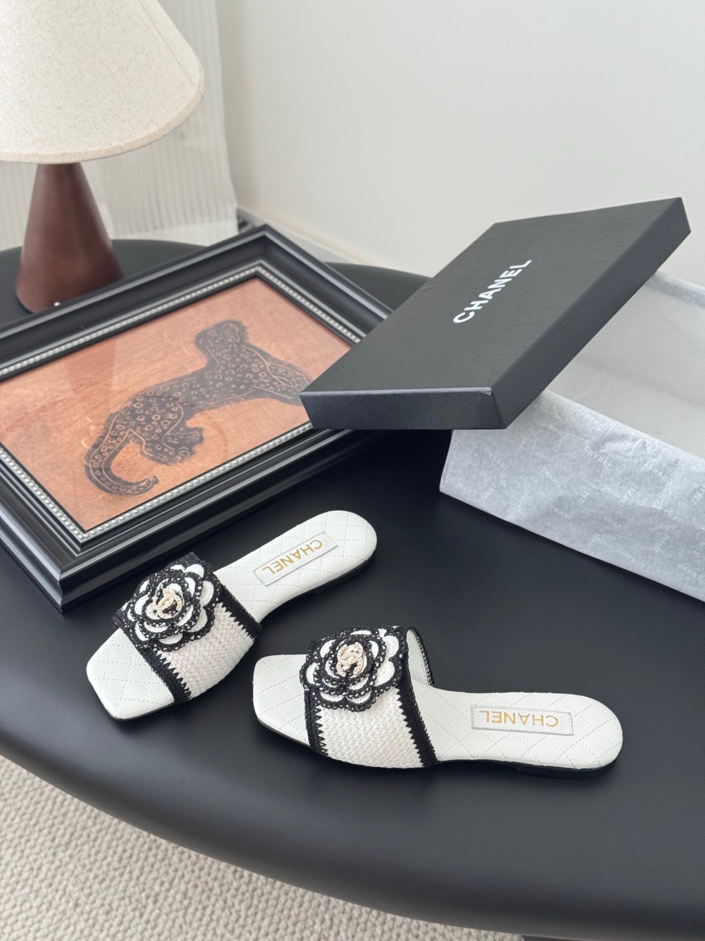SLIPPER IN WHITE AND BLACK CALFSKIN MIX WOOL - 35