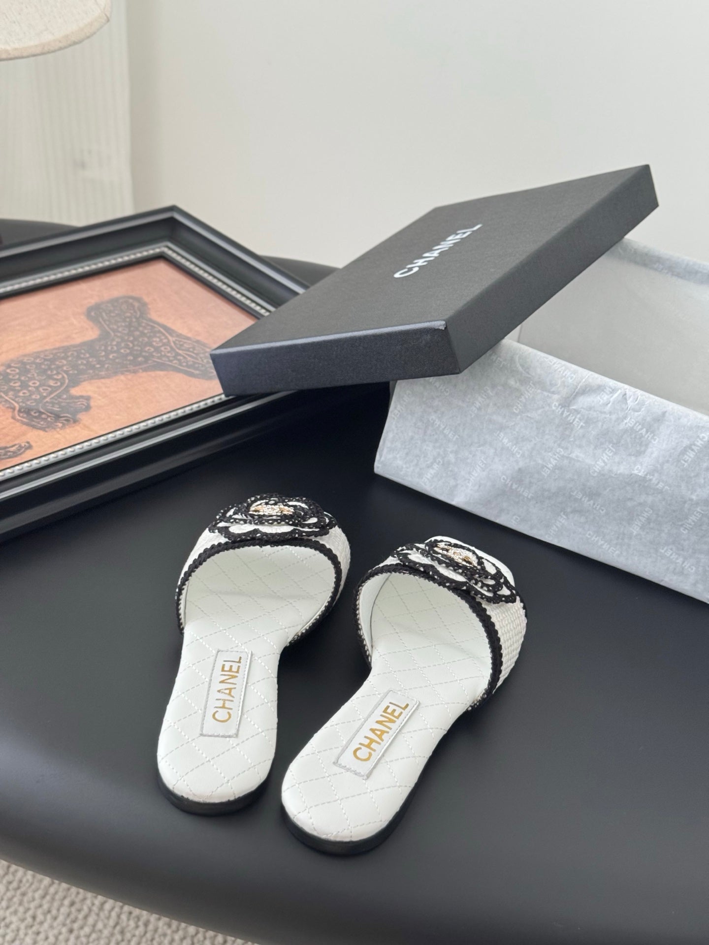 SLIPPER IN WHITE AND BLACK CALFSKIN MIX WOOL - 35