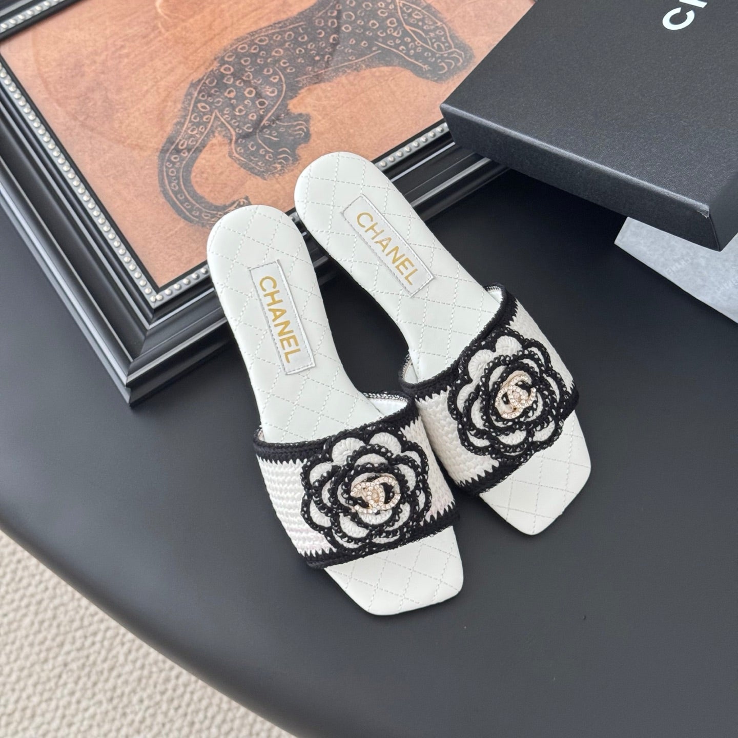 SLIPPER IN WHITE AND BLACK CALFSKIN MIX WOOL - 35