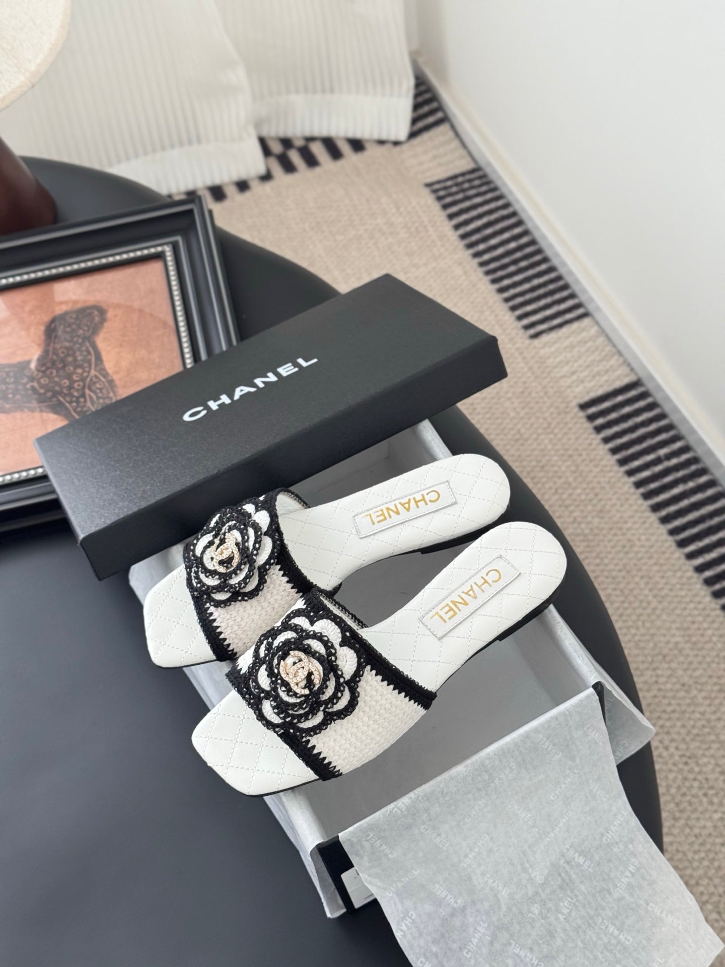 SLIPPER IN WHITE AND BLACK CALFSKIN MIX WOOL - 35