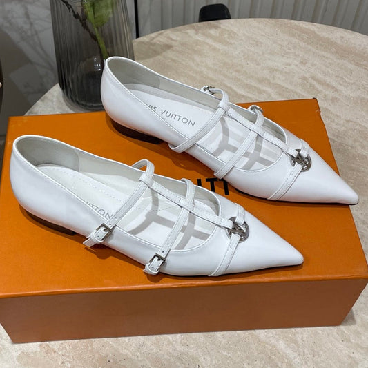 POINTED-TOE TRIPLE-STRAP BALLET FLAT IN WHITE PATENT CALFSKIN - 35