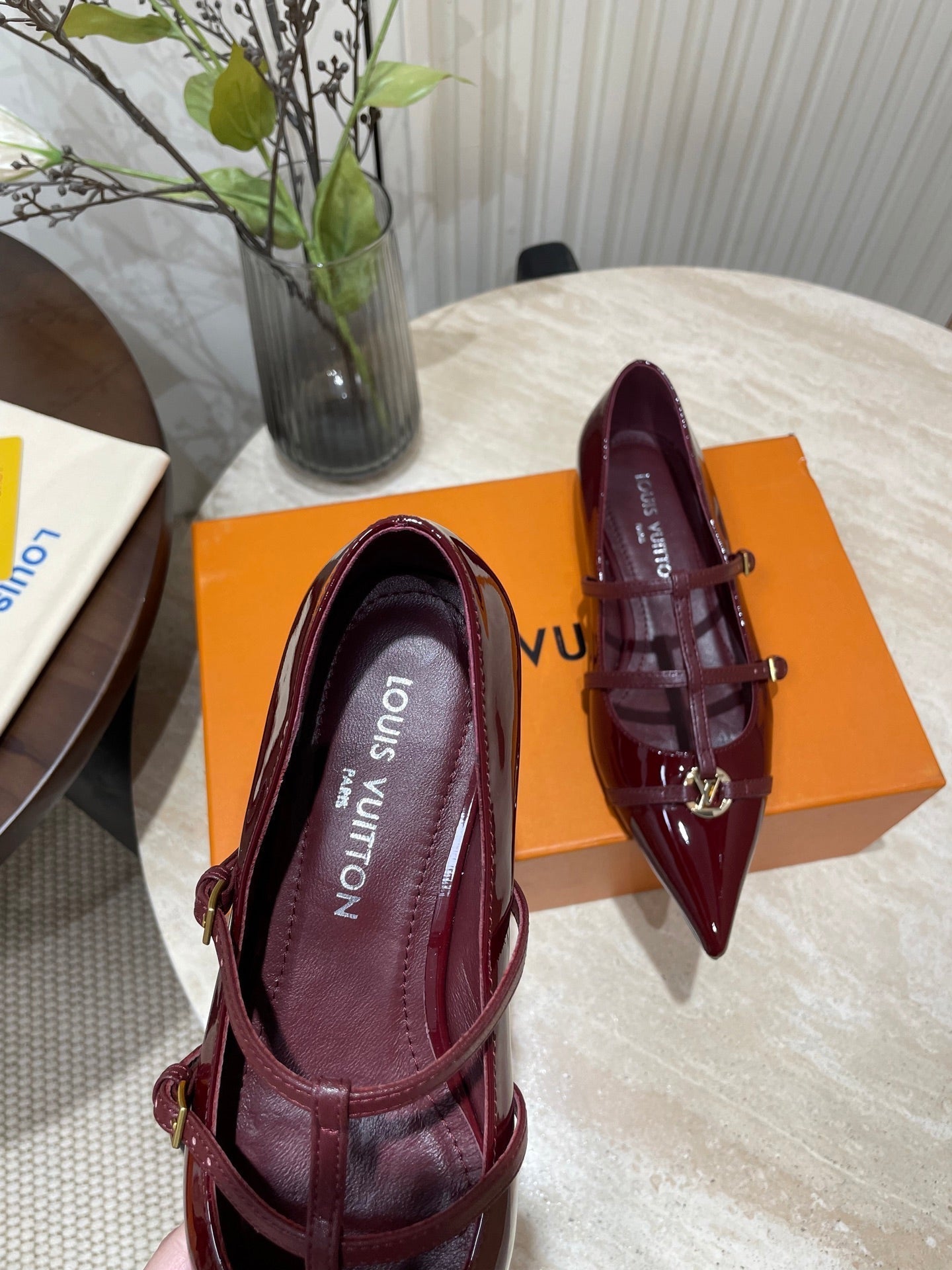 POINTED-TOE TRIPLE-STRAP BALLET FLAT IN BURGUNDY RED PATENT CALFSKIN - 35