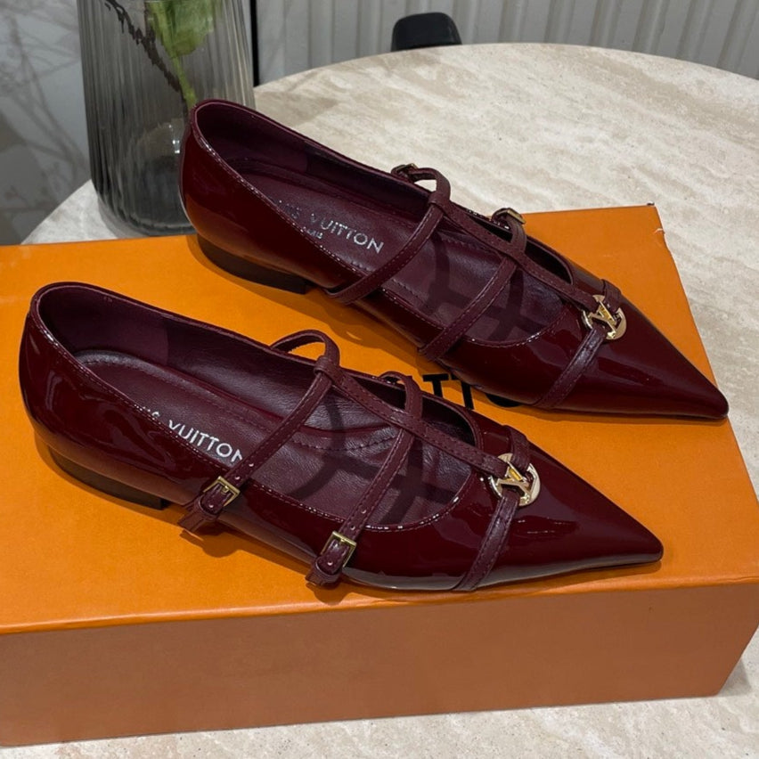 POINTED-TOE TRIPLE-STRAP BALLET FLAT IN BURGUNDY RED PATENT CALFSKIN - 35