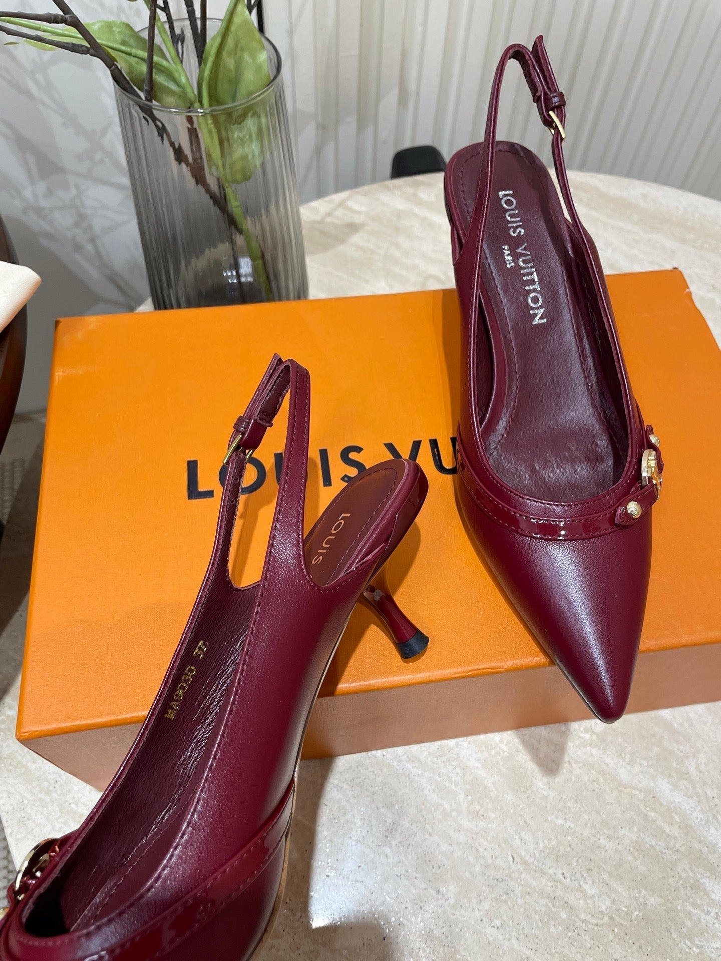 HIGH SLINGBACKS 5 CM IN BURGUNDY RED CALFSKIN - 35