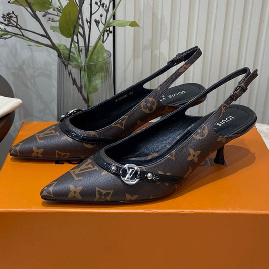 HIGH SLINGBACKS 5 CM IN CHOCOLATE BROWN MONOGRAM CALFSKIN - 35