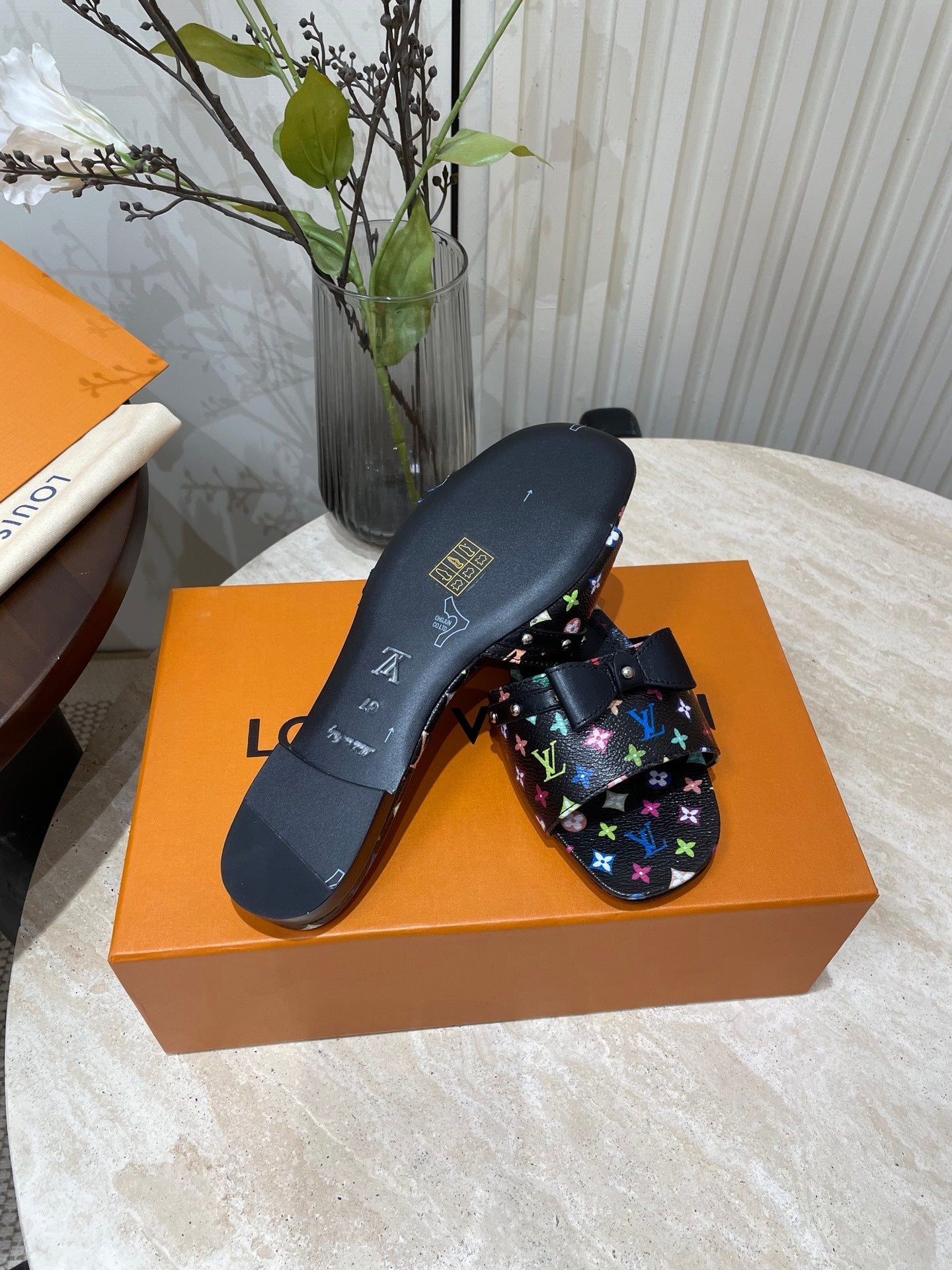 BOW FLAT MULES IN BLACK MONOGRAM LAMBSKIN - 35