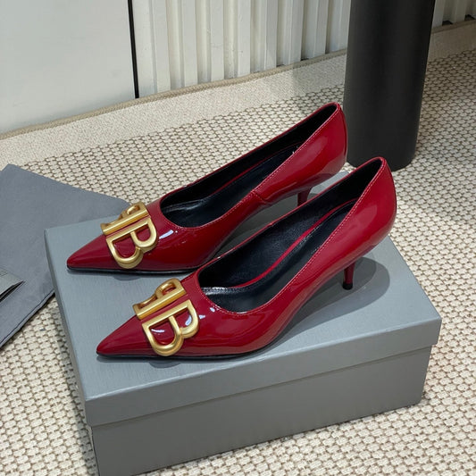 POINTED BB GOLD BUCKLE HIGH PUMPS 60MM IN RED PATENT CALFSKIN - 35