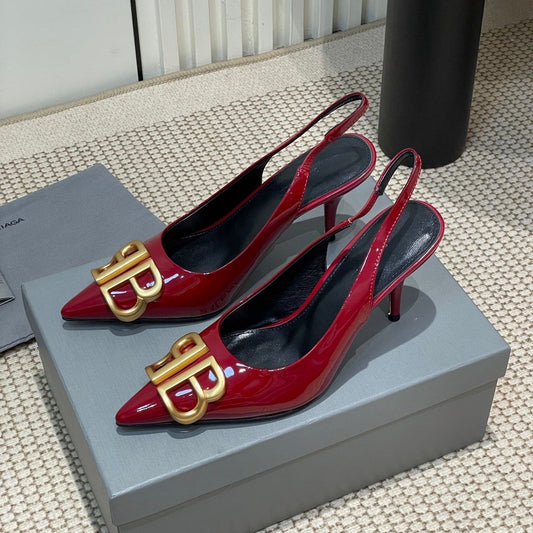 POINTED BB GOLD BUCKLE HIGH SLINGBACK 80MM IN RED PATENT CALFSKIN - 35