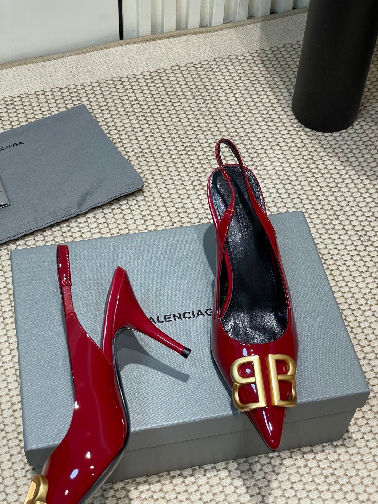 POINTED BB GOLD BUCKLE HIGH SLINGBACK 80MM IN RED PATENT CALFSKIN - 35