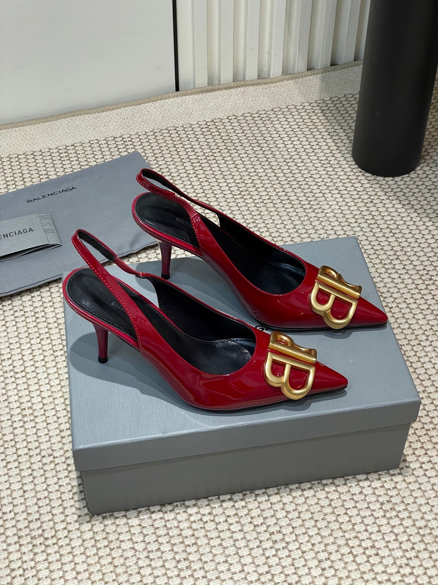 POINTED BB GOLD BUCKLE HIGH SLINGBACK 80MM IN RED PATENT CALFSKIN - 35