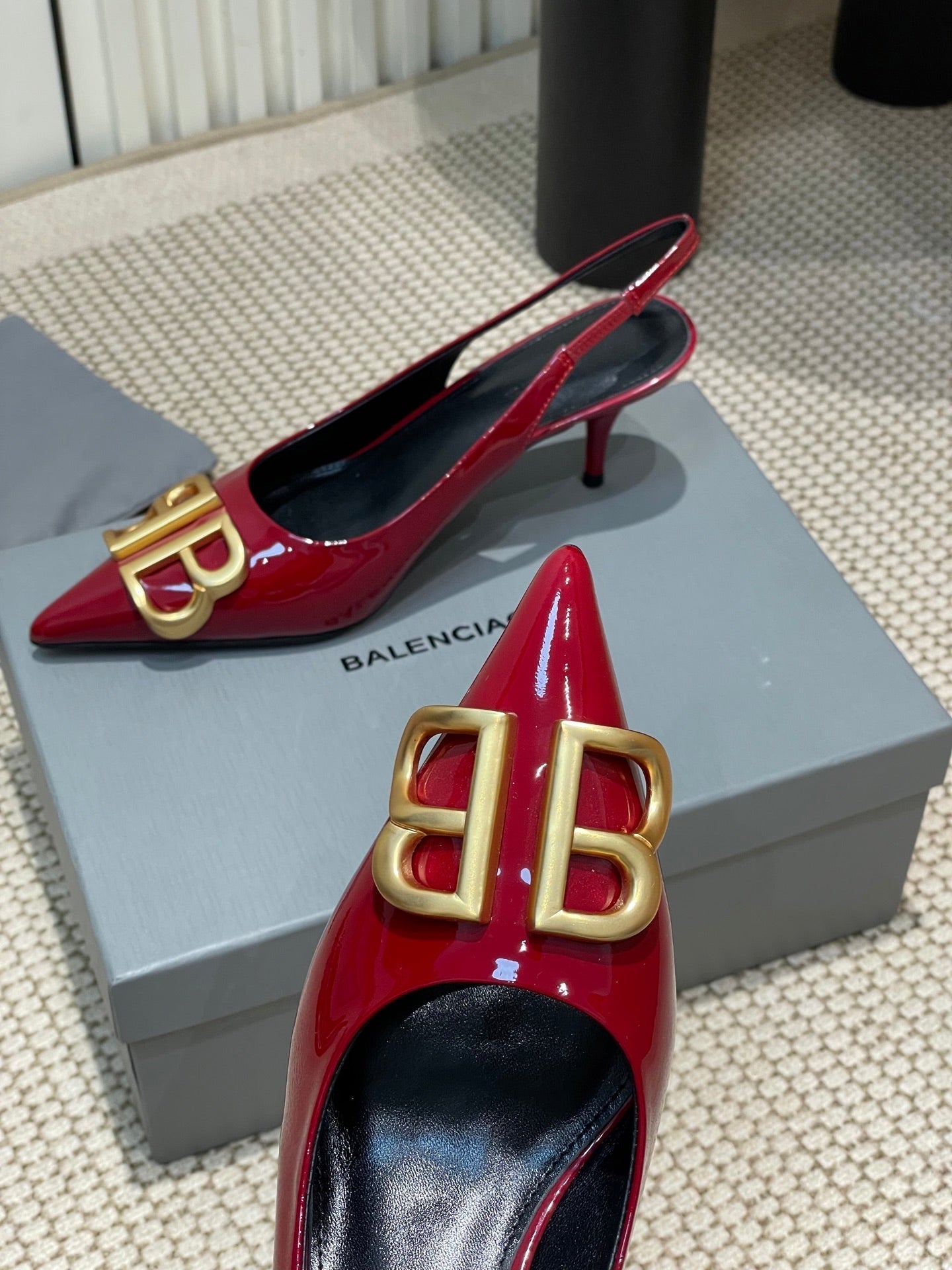POINTED BB GOLD BUCKLE HIGH SLINGBACK 60MM IN RED PATENT CALFSKIN - 35