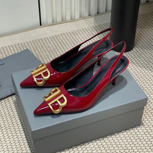 POINTED BB GOLD BUCKLE HIGH SLINGBACK 60MM IN RED PATENT CALFSKIN - 35