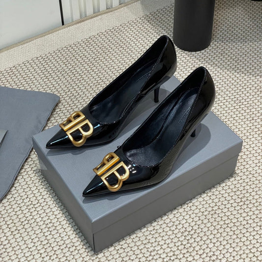POINTED BB GOLD BUCKLE HIGH PUMPS 80MM IN BLACK PATENT CALFSKIN - 35