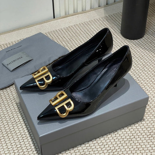 POINTED BB GOLD BUCKLE HIGH PUMPS 60MM IN BLACK PATENT CALFSKIN - 35