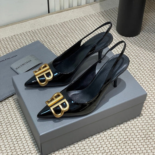 POINTED BB GOLD BUCKLE HIGH SLINGBACK 80MM IN BLACK PATENT CALFSKIN - 35